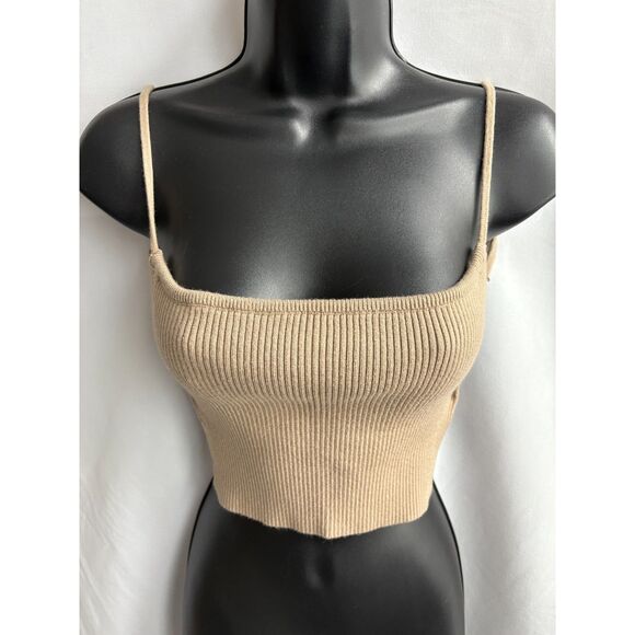Lilyful Knit Taupe Grey Brown Crop Top Open Back Spaghetti Straps Stretchy sz S - Picture 1 of 7